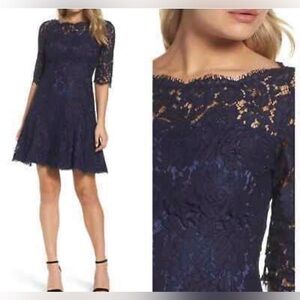 Eliza J Navy Blue Lace Scalloped Ilusion Neckline Fit and Flare Dress 0P